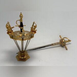 VTG MCM Toledo Spanish Brass  Swords Cocktail Appetizer Skewers & Stand Unique